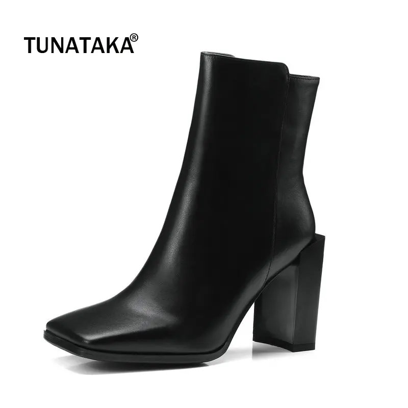 

Genuine Leather Thick High Heel Zipper Woman Ankle Boots Fashion Sqaure Toe Dress Boots Ladies Black White