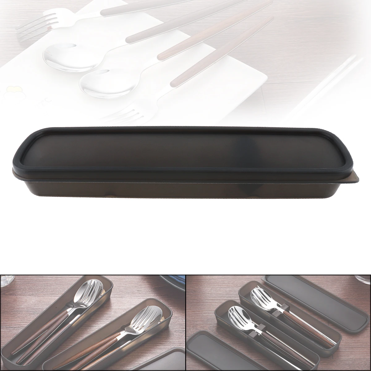 

New Universal Black Portable PP Cutlery Set Receptacle Tableware Storage Box with Silicone Pad