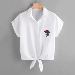Женская блузка Женская Роза цветочный принт белые блузки с коротким рукавом Кнопка рубашка SILVERCELL