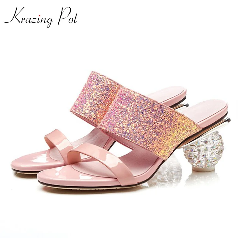 

Krazing pot 2018 streetwear new sequined cloth bling superstar sandals women shining round crystal high heels gorgeous mules L53