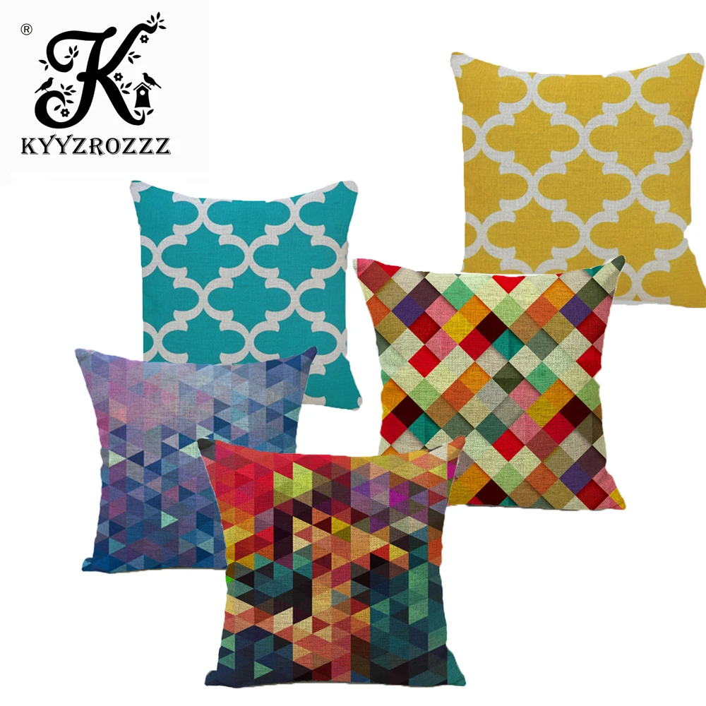

Cotton Blend Linen Decorative Throw Pillow Covers Colorful Geometric Diamond Pattern Sofa Seat Cushion Cover