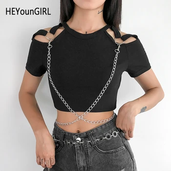 

HEYounGIRL Harajuku Punk T-shirt Woman Black Basic Crop Top T Shirt with Chains O-neck Gothic Tshirts Cotton Women Korean Summer