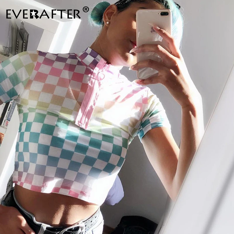 

EVERAFTER Turtleneck Mesh T-shirt Women Plaid Gradient Color Print Zipper Short Sleeve Slim Crop Top 2019 Summer Fashion Tshirts