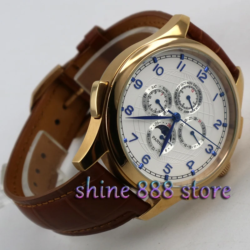 

Parnis 44mm White dial Rose gold case Moon Phase Multifunction Automatic movement men's watch