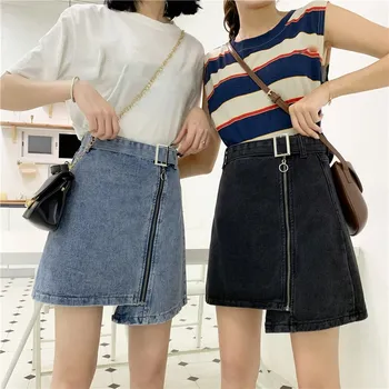 

Fashion Women Plus Size Zipper Denim Skirt Solid Belt Mini Skirt Korean Irregular Cowboy Summer Skirt