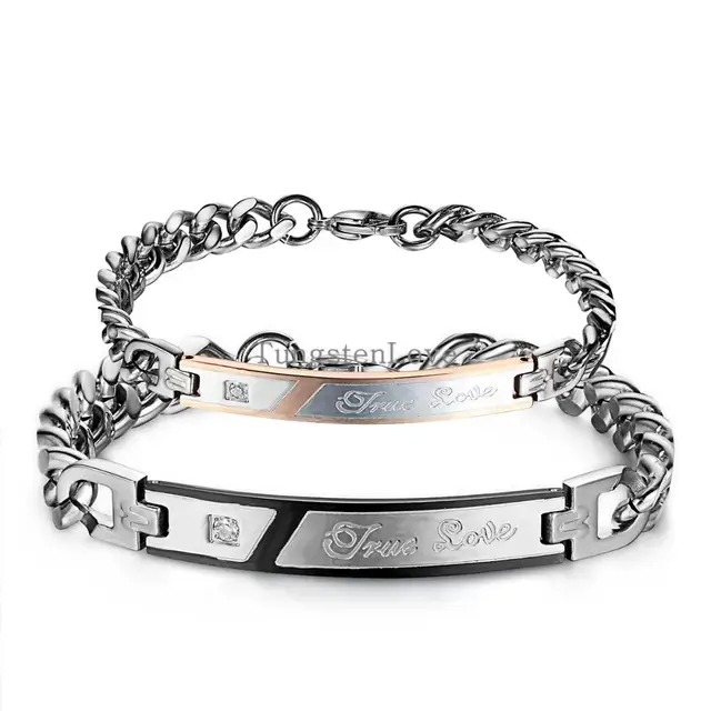 Or/Noir Acier Inoxydable Couple Amoureux Curb Cubain Chaîne CZ Lien ID Bracelets avec Vrai
