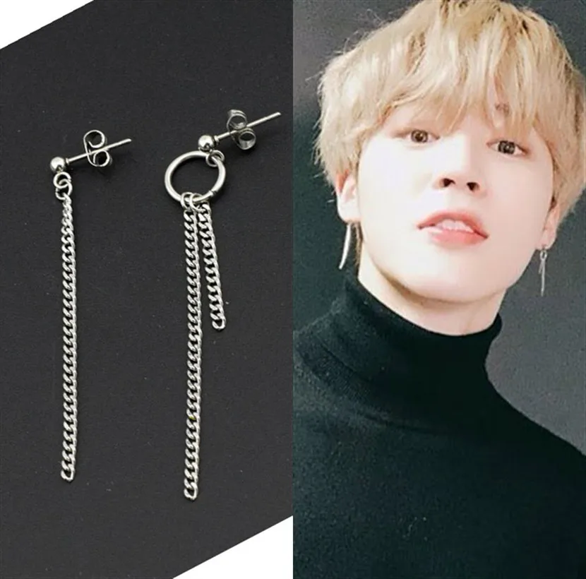 

Korean 1pair Fashion KPOP chain Stud earring for Men Asymmetric Pop Jewelry Bangtan Boys V DNA Silver Geometric Earrings Women