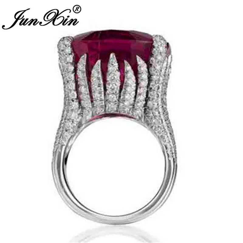 

JUNXIN Square Stone Big Rings For Women Men Silver Color Metal Vintage Crystal Wedding Ring Female Male Rose Red Zircon Jewelry