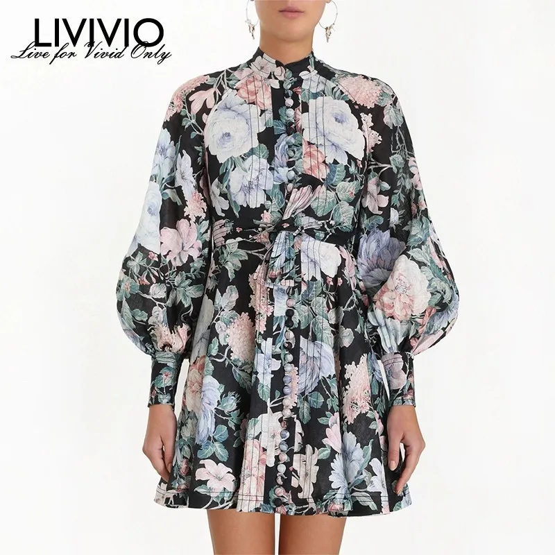 

[LIVIVIO] Floral Print Vintage Mini Dress ZIM 2019 Autumn Women Dresses Sash Waisted Long Lantern Sleeve Elegant Female Fashion