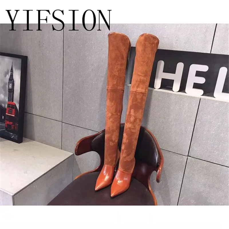 YIFSION/Новинка модные черные женские ботфорты из натуральной кожи сапоги на тонком