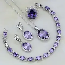 925 стерлингов Серебряные комплекты ювелирных изделий Фиолетовый Цирконий белый циркон для Для женщин свадебные Серьги/Подвеска/Цепочки и ожерелья/браслет/кольцо