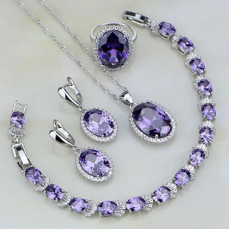 

925 Sterling Silver Jewelry Sets Purple Cubic Zirconia White Zircon For Women Wedding Earrings/Pendant/Necklace/Bracelet/Ring