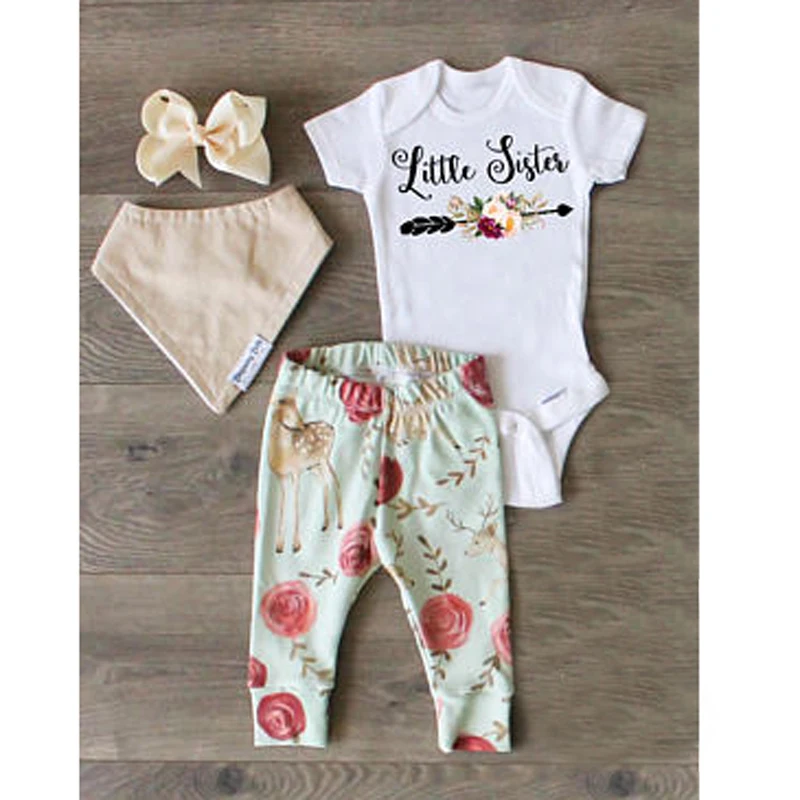 

Infant Newborn Baby Kids Girls Clothes Set Little/Big Sisters Bodysuit Tops T-Shirt Flower Long Pants Outfits Suit Cotton Summer