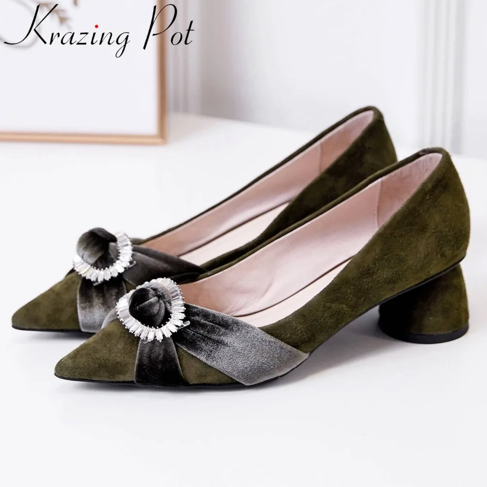 

Krazing Pot plus size movie stars chunky heels slip on crystals decoration bowtie mixed colors new velvet runway party pumps L21