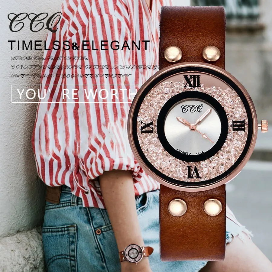 

CCQ Brand Women Rhinestone Quartz Wristwatches Vintage Cow Leather Bracelet Watch Casual Fashion Clock Gift Relogio Feminino