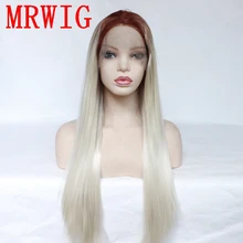 MRWIG живые волосы Изображение выглядит черный Омбре синий шелковистый прямой синтетический Блестящий передний кружевной парик часть