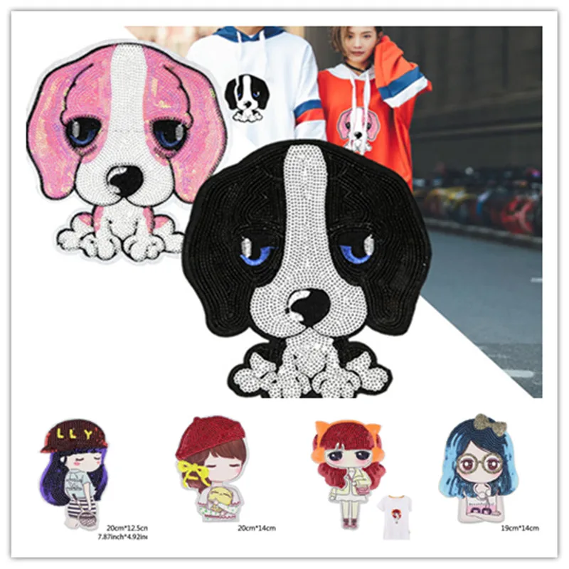 

Dog Sequin Patch Iron on and sew on Cartoon Embroidered Patches Clothes Stickers sewing patch For jeans bag garment DIY Handmade