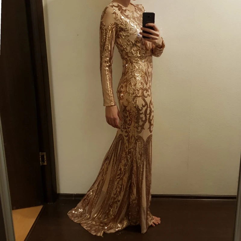 Расшитое блестками Макси платье с длинными рукавами и круглым вырезом золотые черные стрейч вечерние платья в Пол Вечерние платья наряды