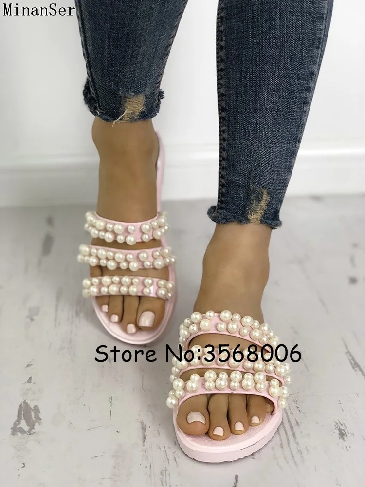 Pearl Embellished Open Toe Summer Women Slippers Beading Decoration Strap Lady Flats Slides Outside Beach Shoes | Обувь