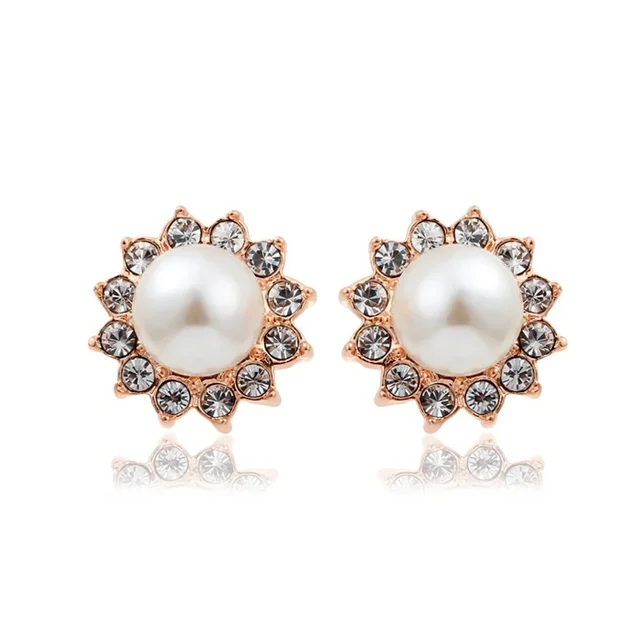 New Sunflower Design White Pearl Surrounded Crystal Children S New Sunflower Design White Pearl Surrounded Crystal Children S Stud Earrings Rose Gold Plated Baby Kids