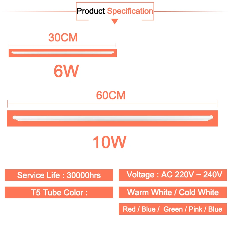 4 шт. RGB светодиодный светильник T5 светодиодный T8 лампа 6 Вт 10 Вт AC110V 220 в 240 В Флуоресцентный светильник светодиодный настенный светильник красный зеленый синий розовый 30 см 60 см