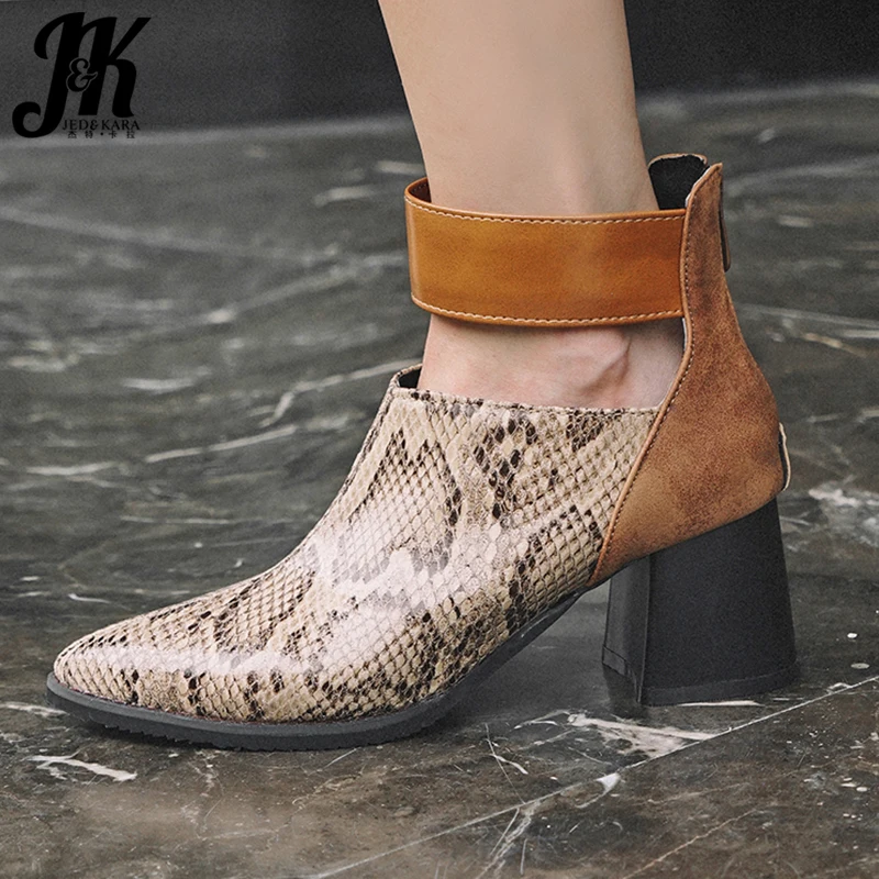 

JK Strap Snake Skin Pu Ankle Boots Women Pointed Toe Booties Ladies High Heels Shoes Female Zip Shoes Winter 2019 Plus Size 48