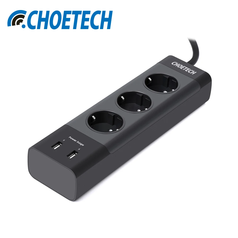 

CHOETECH Power Strip With 3AC Outlet 2-Port USB Charger USB Wall Socket Smart Extension Socket With Power Button Surge Protector