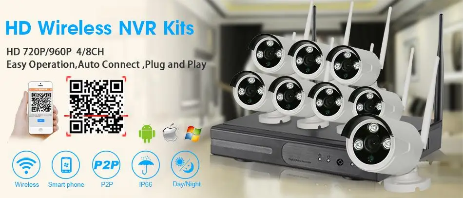 8CH CCTV System Wireless 960P NVR 8PCS 1.3MP IR Outdoor P2P Wifi IP CCTV Security Camera System Surveillance Kit