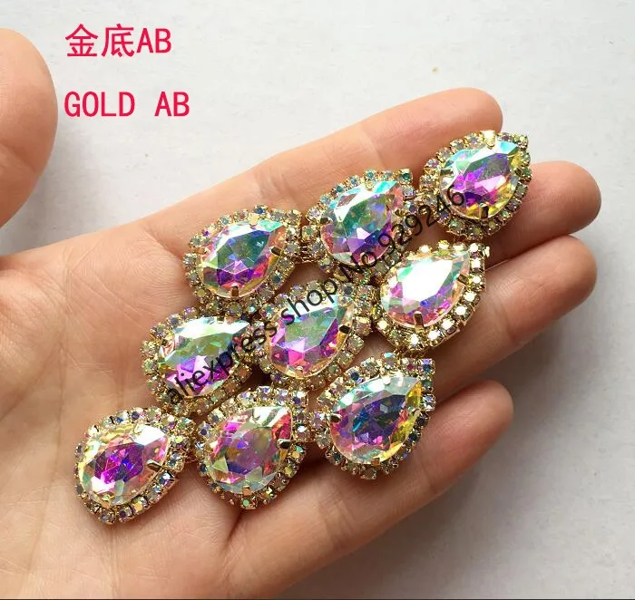 

wholesale 20pcs/lot tear-drop AB crystal applique for garment ornaments gold AB strass for shoes white stone garment accessory