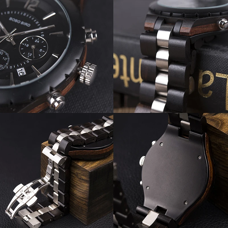 BOBO BIRD Men Watch Luxury Elegant Wood Metal Chronograph Auto Date Watches reloj hombre 2018 Idae Gift C-hR22 Dropship