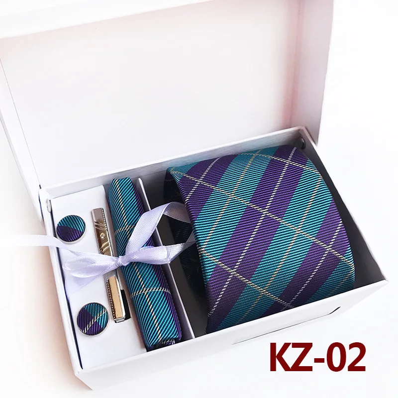 3,35 дюймов(8 см) широкие клетчатые классические мужские галстуки свадебные модные вечерние мужские галстуки, платок, булавка и запонки Подарочная Упаковка - Цвет: KZ02