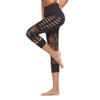 

Modified body Lace Patch Hollow Leggings Women Yo-ga Fitness Leggings Pants Mid-Calf Casual Black Leggings Summer Spring