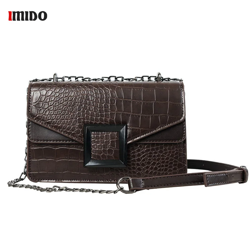 

Women's Crocodile pattern Messenger Chain Bag Metal Decoration Crossbody Bag Female Brown Black Leather Handbags Shoulder Purse