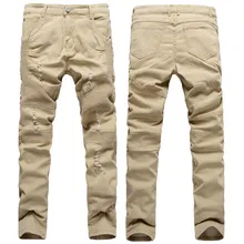 Top Quality Mens Khaki Biker Jeans Men Pleated Destroy Wash Denim Skinny Jeans Men Male Ripped Jeans Slim Fit Hip Hop 34 36 32