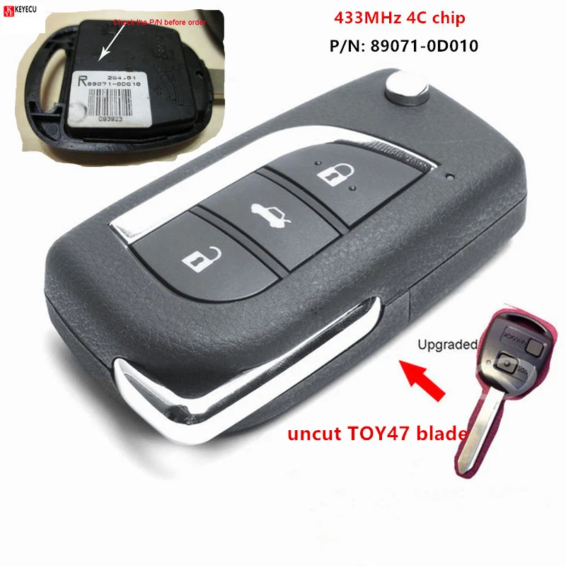 

Keyecu Upgraded 433MHz 4C Chip Remote Key Fob for Toyota Yaris Avensis Corolla Carina P/N: 89071-0D010 with Uncut TOY47 blade