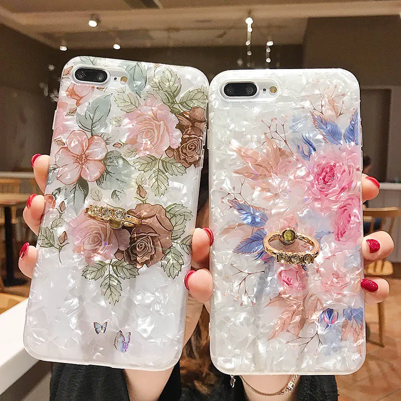 

Glitter Phone Case For iPhone 7 8 6 6S Plus X XR XS MAX TPU Silicone Flower Print Back Cover Coque Diamond Finger Ring Holder