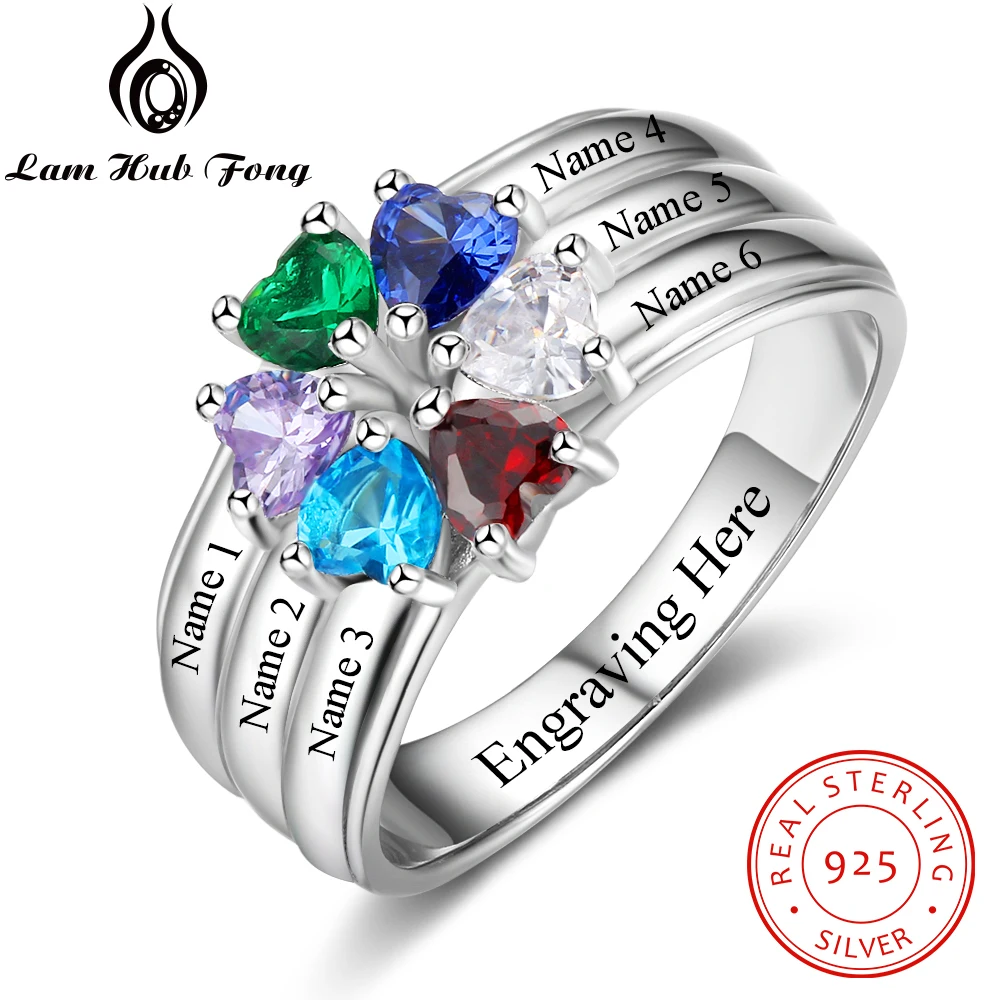 Personalized Mothers Ring 925 Sterling Silver 6 Heart Birthstone 6 Name