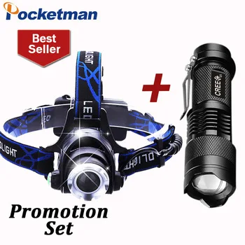 3800LM Head lamp LED Headlight CREE T6 18650 Head lights headlamps + Q5 Mini LED flashlight 2000lm Zoomable Torch Tactical