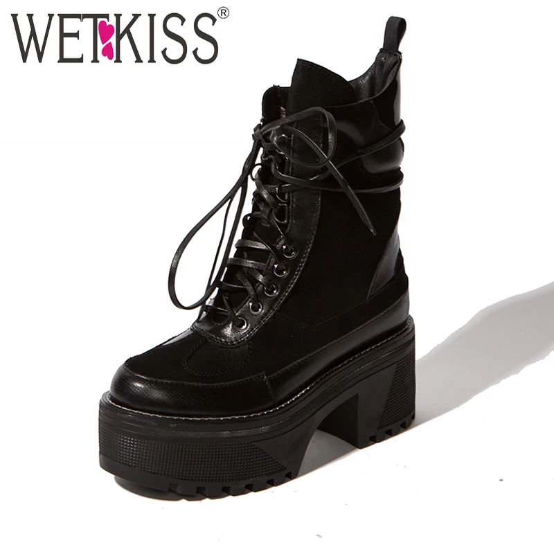 

WETKISS Brand Design Cross tied Ankle Boots Women Cow Leather Square Heels Lace Up Female Boot Platform Street Shoes Woman