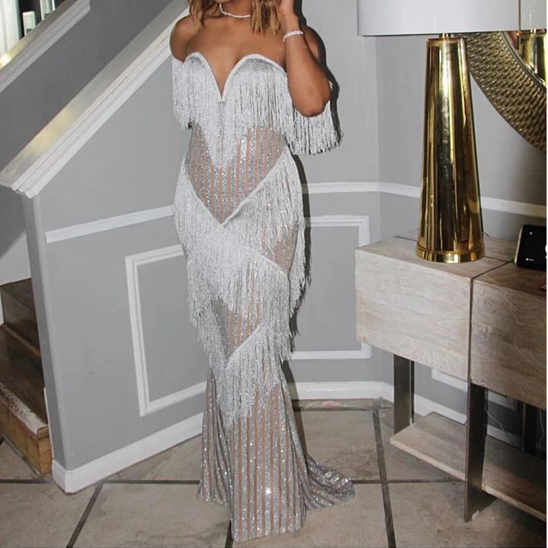 

2019 Sexy Tassel V Neck Strapless Bodycon Shiny Glitter Party Dress Floor Length Full Lining Backless Hollow Out Summer Dress