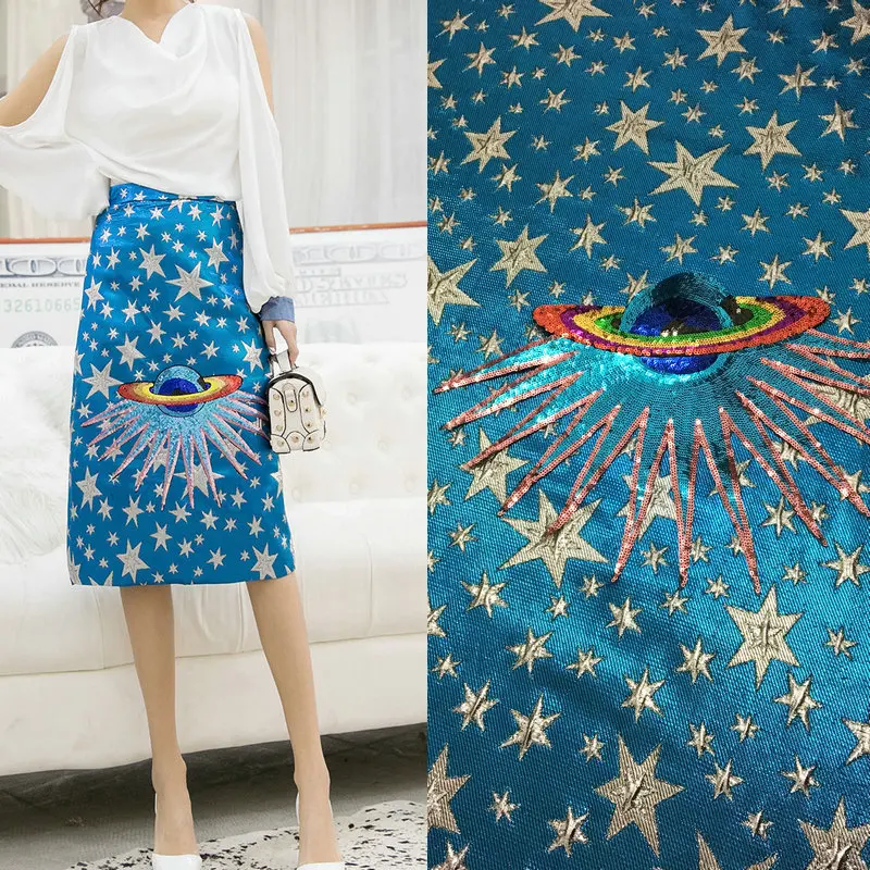 

3D embossed star brocade jacquard fabric,blue color skirt tissu polyester fabric,sequins star brocade jacquard fabric clothing
