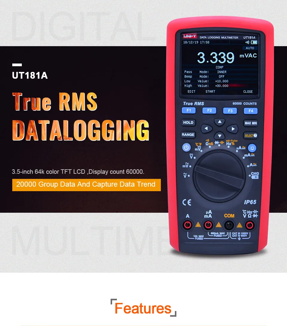 U-NIT UT181A True RMS Datalogging Цифровые мультиметры DMM измеритель температуры емкости с перезаряжаемой литиевой батареей EU Plug