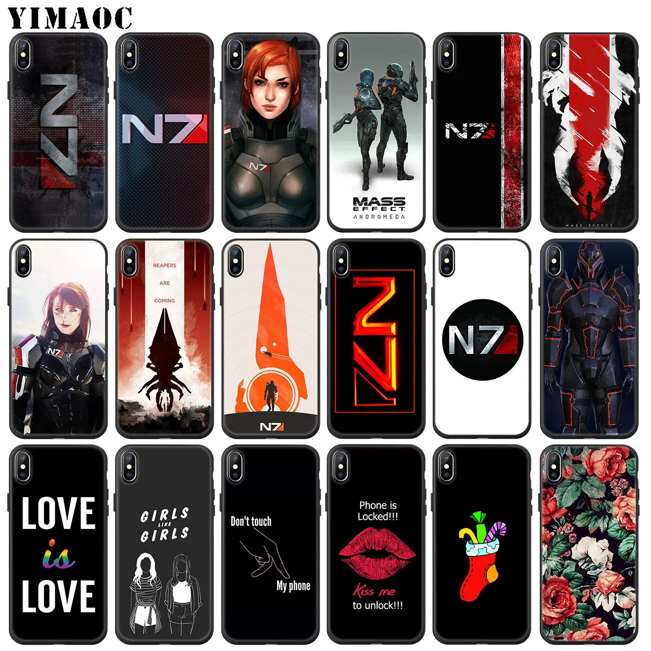 

YIMAOC N7 Mass Effect Soft Silicone Phone Case for iPhone 11 Pro XS Max XR X 6 6S 7 8 Plus 5 5S SE 10 TPU Black flower Cover