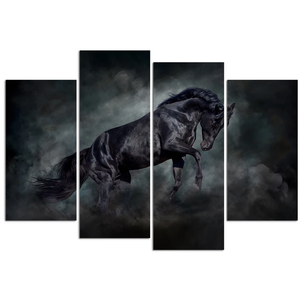 

4 Pieces Black Horse Home Decor Poster Strong Horse Print Canvas Painting Modern Style Pictures Living Room Wall Art