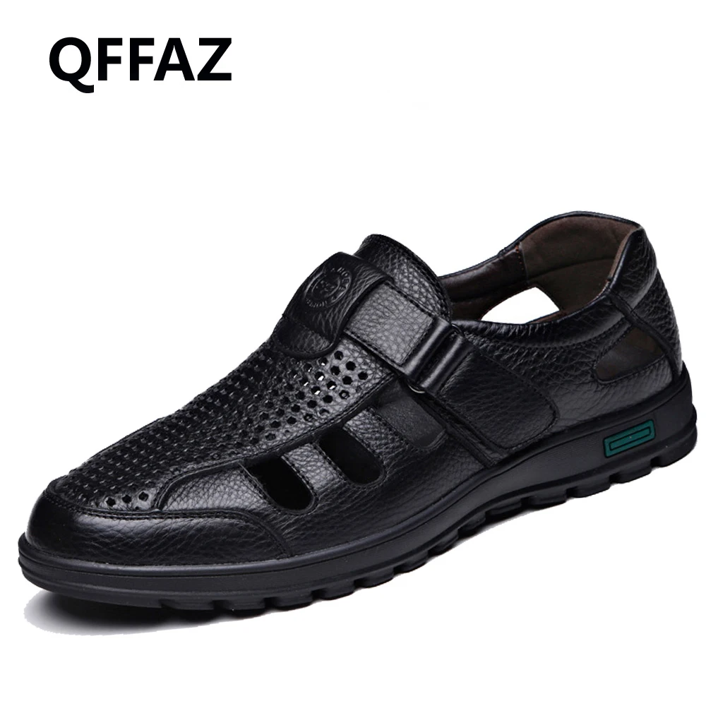QFFAZ Genuine Leather Men Sandals Shoes Fretwork Breathable Fisherman Shoes Style Retro 