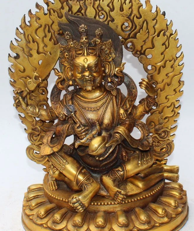 

17Tibet Bronze Gilt Vajra 4 Arms Mahakala Buddha Joss Jambhala Fa Qi Statue Set