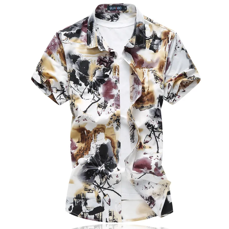 QUANBO Для мужчин рубашки Большие размеры M-6XL 2018 Новое поступление Лето Для мужчин Повседневное стрейч с цветочным принтом Короткие рубашка с