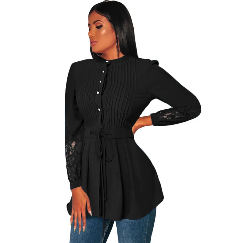 Блузка Женская Весна Новый сто Ladies'Blouse Высокий воротник трикотажные кружева шить с длинным рукавом с поясом на талии рубашка 251732