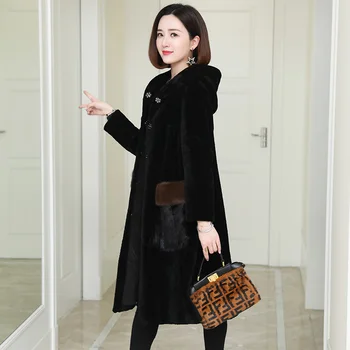 

Real double face sheep fur coat outerwear women mink fur pockets fashion real fur jacket with hood 2019 autumn winter