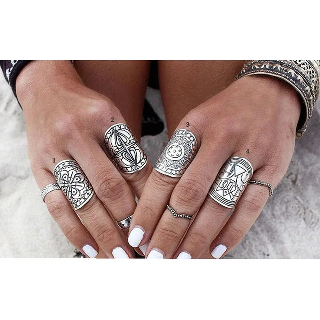 

Women Boho Beach Jewelry 4 Types 1 Piece 2016 New Bohemia Vintage Unique Carving Ring Set Tibetan Silver Plated